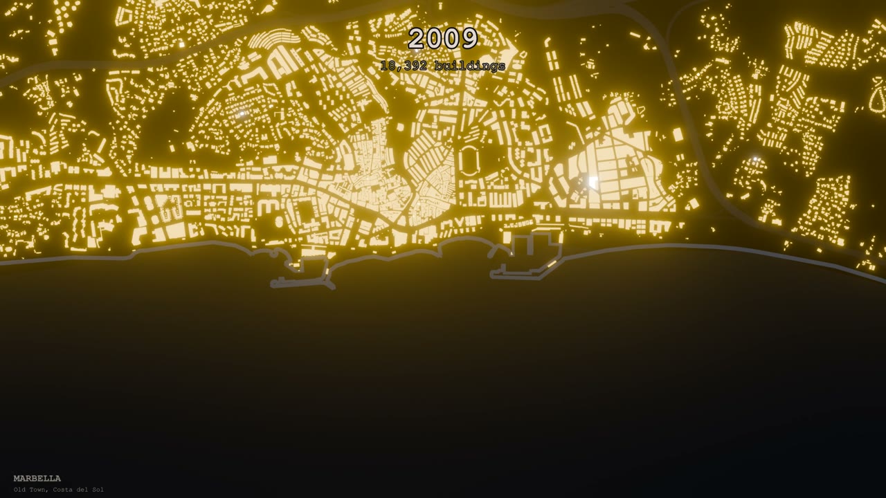 Marbella centre, every footprint lit by construction year