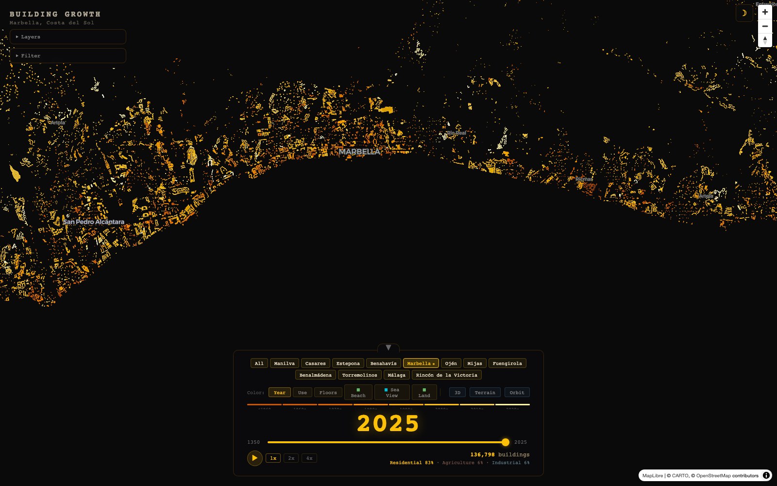 Interactive map of 136,798 buildings coloured by construction year